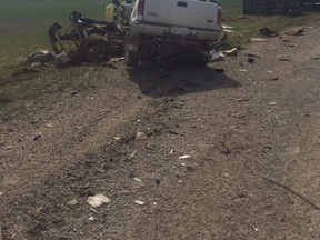 A serious collision between a semi-truck hauling a trailer and a white Ford F-350 truck claimed the lives of a 17-year-old and 14-year-old from the Taber area. The lone occupant of the semi-truck sustained non-life threatening injuries. | RCMP photo/contributed