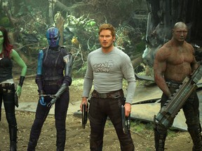 This image released by Disney-Marvel shows Zoe Saldana, from left, Karen Gillan, Chris Pratt, Dave Bautista and Rocket, voiced by Bradley Cooper, in a scene from, "Guardians Of The Galaxy Vol. 2." (Disney-Marvel via AP)