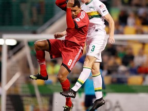 Fury FC’s Steevan Dos Santos jumps for the ball with Rowdies defender Neill Collins.Tampa Bay won the match 1-0. (Matt May/photography)