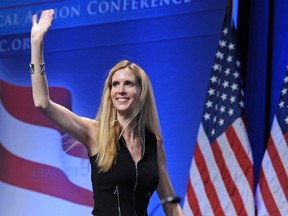 In this Feb. 12, 2011 file photo, Ann Coulter waves to the audience after speaking at the Conservative Political Action Conference (CPAC) in Washington. (AP Photo/Cliff Owen, File)