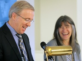 Dr. David Pichora, CEO of the Kingston Health Sciences Centre, jokes with MPP Sophie Kiwala about her heading back to Toronto to get even more funding for phase two of Kingston Health Sciences Centre upgrades while speaking at Hotel Dieu Hospital in Kingston, Ont. on Friday May 5, 2017. The joke came right after Kiwala announced that the province will be invest $7.6-million for programming and services at Kingston Health Sciences Centre.  (Steph Crosier/The Whig-Standard)