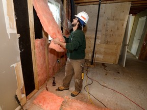 Dan Domingues pulls insulation out of the wall in a house being renovated in northwest London Friday. Renovators are among the spinoff winners from the hot local real estate market, adding to the area?s jobs rebound. (MORRIS LAMONT, The London Free Press)