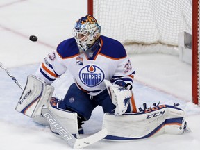 Edmonton Oilers goalie Cam Talbot blocks a shot against the Anaheim Ducks during the first period in Game 5 of a second-round NHL hockey Stanley Cup playoff series in Anaheim, Calif., Friday, May 5, 2017.