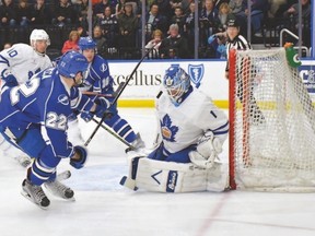 Marlies netminder Kasimir Kaskisuo thwarts Matthew Peca of the Crunch during the first period of Friday night’s playoff series opener in Syracuse. (SCOTT THOMAS PHOTOGRAPHY)