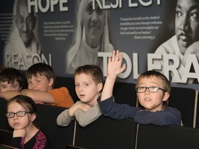 Deacon, a Grade 3 student at Redwood Acres Public School, asks a question during a Holocaust presentation on Friday. Mary Katherine Keown/The Sudbury Star