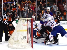 Cam Talbot #33 of the Edmonton Oilers looks back at the net as Rickard Rakell #67 of the Anaheim Ducks scores a goal to tie the game 3-3 with fifteen seconds remaining during the third period in Game Five of the Western Conference Second Round during the 2017 NHL Stanley Cup Playoffs at Honda Center on May 5, 2017 in Anaheim, California.