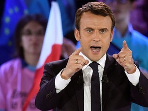 This file photo taken on May 1, 2017 at the Paris Event Center in Paris shows French presidential candidate Emmanuel Macron delivering a speech during a campaign rally. (ERIC FEFERBERG/AFP/Getty Images)