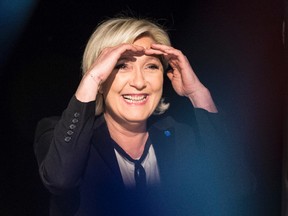 This file photo taken on April 5, 2017 shows French presidential election candidate for the far-right Front National (FN) party Marine Le Pen gesturing as she speaks during a rally in Monswiller, north-eastern France, on April 5, 2017. (BASTIEN BOZON/AFP/Getty Images)