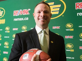 The Edmonton Eskimos introduce new general manager Brock Sunderland at Commonwealth Stadium in the Eskimos locker room on Tuesday April 25, 2017, in Edmonton.