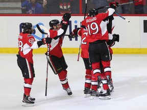 Senators forward Derick Brassard (19) ties the game with 1:26 left in the third period against the Rangers in game 5 of the NHL's Eastern Conference semifinal at the Canadian Tire Centre in Ottawa on Saturday, May 6, 2017. (Tony Caldwell/Postmedia)