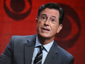 In this Aug. 10, 2015, file photo, Stephen Colbert participates in "The Late Show with Stephen Colbert" segment of the CBS Summer TCA Tour in Beverly Hills, Calif. (Photo by Richard Shotwell/Invision/AP, File)