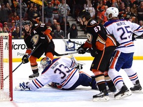 Corey Perry #10 of the Anaheim Ducks scores on Cam Talbot #33 of the Edmonton Oilers for a 4-3 win during the second overtime period in Game Five of the Western Conference Second Round during the 2017 NHL Stanley Cup Playoffs at Honda Center on May 5, 2017 in Anaheim, California.