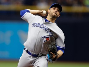 Blue Jays starting pitcher Marco Estrada delivers to the Rays during first inning MLB action in St. Petersburg, Fla., on Saturday, May 6, 2017. (Chris O'Meara/AP Photo)