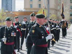 Lieutenant Col. Jon McCully takes over command of the Loyal Edmonton Regiment (4PPCLI) at the Federal Building Plaza on Saturday, May 6, 2017. Photo by Shaughn Butts / Postmedia