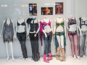 Dana Proctor has been collects Britney Spears costumes and has some of  them on e-bay for sale as a group of seven. They are all on display in her Surfco store at  WEM on May 6, 2017. Photo by Shaughn Butts / Postmedia