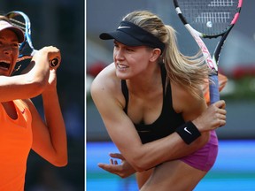 Russia's Maria Sharapova (L), seen here in action against Mirjana Lucic-Baroni of Croatia will face off against Canada's Eugenie Bouchard (R) on Monday in the second round of the Madrid Open.   (Julian Finney/Getty Images)