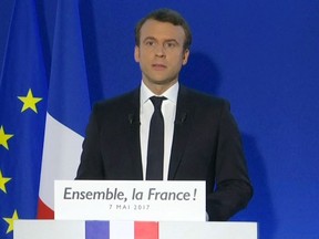 In this image taken from video footage, Emmanuel Macron speaks after his victory in France's presidential runoff, at his campaign headquarters in Paris, Sunday, May 7, 2017.  (AP Photo)