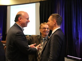 Ontario Progressive Conservative party leader Patrick Brown, right, talks with John Capobianco of the Ontario Chamber of Commerce, left, and Sarnia Coun. David Boushy during the chamber's annual meeting. (NEIL BOWEN/The Observer)
