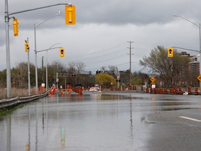 Front Road, at the Invista plant east gate entrance, was closed Sunday and will remain closed Monday due to flooding. With more than 170 millimetres of rain having fallen since May 1, many low-lying areas in the region have been flooded. (Julia McKay/The Whig-Standard)