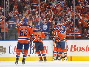 The Edmonton Oilers celebrate a goal against the Anaheim Ducks during the first period in game six of a second-round NHL hockey Stanley Cup playoff series in Edmonton on Sunday, May 7, 2017. THE CANADIAN PRESS/Jason Franson