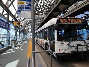 A Winnipeg Transit bus exits Osborne Station along the Southwest Transitway on Sun., May 7, 2017. Kevin King/Winnipeg Sun/Postmedia Network