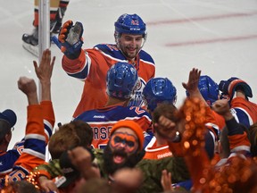 The Edmonton Oilers and their fans celebrate one of seven goals against the Anaheim Ducks during Sunday's Game 6 at Rogers Place in Edmonton, May 7, 2017. (Ed Kaiser)