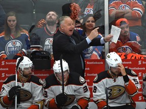Anaheim Ducks head coach Randy Carlyle tries to get his troops going on the way to a 7-1 loss to the Edmonton Oilers at Rogers Place in Edmonton, May 7, 2017. (Ed Kaiser)