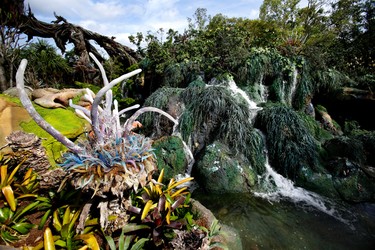 In this Saturday, April 29, 2017 photo, landscaping consisting of real Earth plant species mixed with sculpted Pandora artificial flora is surrounded by ponds and gentle waterfalls at the Pandora-World of Avatar land attraction in Disney's Animal Kingdom theme park at Walt Disney World in Lake Buena Vista, Fla. The 12-acre land, inspired by the “Avatar” movie, opens in Florida at the end of May at Walt Disney World’s Animal Kingdom. It cost a half-billion dollars. (AP Photo/John Raoux)