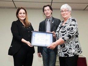 Rotary Club of Vermilion member Tannis Frantik and President Justin Thompson present Carol Selte the 2017 Integrity Award, during their 62nd Charter Night at the Vermilion Senior Citizen's Centre on Sunday, April 30, 2017, in Vermilion, Alta. Taylor Hermiston/Vermilion Standard/Postmedia Network.