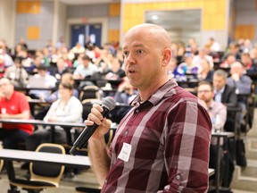 Brian MacDonald, director of hockey analytics for the Florida Panthers, speaks to NWHL commissioner Dani Rylan (not pictured), via Skype, during the Ottawa Hockey Analytics Conference at Carleton University on May 6, 2017. (Photo courtesy of Rohit Saxena)