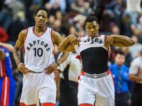 Toronto Raptors' DeMar DeRozan and Kyle Lowry react to a loss against the Detroit Pistons at the Air Canada Centre in Toronto on Feb. 12, 2017. (Ernest Doroszuk/Toronto Sun/Postmedia Network)