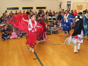 Students from Napi’s Playground Elementary School in Brocket perform traditional dances at Sunnyside School’s day-long cultural exchange program. | Contributed photo/Palliser Regional Schools