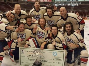The London 3?s celebrate their victory in the Champions Cup event in Oshawa that capped the first season of the 3HL. (Special to The Free Press)