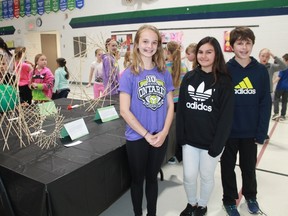Grade 7 Gregory A. Hogan Catholic School students Savannah Vanhooft, Charsey Desauliner and Alexander Redden stand beside their hyperboloids during a May 1 art exhibition at the school.
CARL HNATYSHYN/SARNIA THIS WEEK