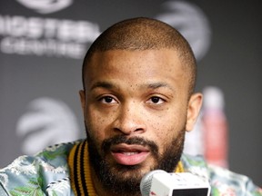 Toronto Raptors' P. J. Tucker speaks to media at the season-ending press conference at the Biosteel Centre in Toronto on May 8, 2017. (Michael Peake/Toronto Sun/Postmedia Network)