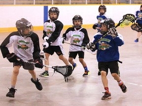 Ryder Corrigan of the Stealth gets set to block Emmett Croom of the Rock's shot during Greater Sudbury Lacrosse Association tyke action from the McClelland Arena in Sudbury last week. Gino Donato/Sudbury Star