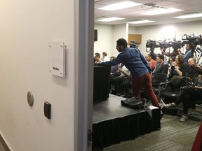 Toronto Raptors guard Kyle Lowry heads to speak to media at the season-ending press conference at the Biosteel Centre in Toronto on May 8, 2017. (Michael Peake/Toronto Sun/Postmedia Network)