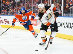 Edmonton Oilers forward Leon Draisaitl pursues Anaheim Ducks captain in Game 6 of the Western Conference second round at Rogers Place on May 7, 2017 in Edmonton. (Getty Images)