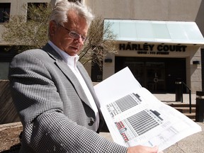 Developer Randy Ferguson shows the potential renovation plans for the 15-storey Harley Court building at 10045 111 St NW in Edmonton, Alta. on Monday, May 8, 2017. Ian Kucerak / Postmedia