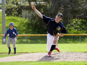 College Avenue Knights pitcher Jordan Bahnuk lets go a pitch against the Ingersoll District Collegiate Institute Blue Bombers in Woodstock, Ont. on Wednesday May 3, 2017 at Tip O'Neill Field. CASS won their opening game 6-5. Greg Colgan/Woodstock Sentinel-Review/Postmedia Network