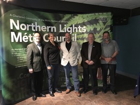 Last week the Métis Nation of Ontario (MNO) and the MNO Commission on Self-Government were in Cochrane to talk to local Métis citizens.  They also had a meeting with local regional government. Mayor of Iroquois Falls Michael Shea, President of the Métis Nation of Ontario Margaret Froh, the Mayor of Cochrane Peter Politis, the Mayor of Smooth Rock Falls Michel Arsenault and the President of the Northern Lights Métis Council Doug Hull discussed the future of Métis relations.