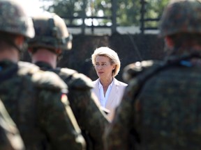 German Defence Minister Ursula von der Leyen speaks to soldiers from the German army in Weissenfels, Germany. (Sebastian Willnow/dpa via AP, file)