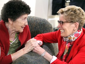 Premier Kathleen Wynne stomps with Liberal byelection candidate Debbie Amaroso and visits with residents at the Kotitalo building at the Ontario Finnish Resthome on Tuesday May 10, 2017 in Sault Ste. Marie.