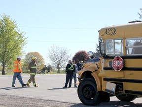 Emergency crews were on scene after a tanker and a school bus were involved in a crash at Grande River Line and Jacob Road on Tuesday morning. Five students were on the bus at the time. Chatham-Kent police said there were minor injuries to two people. The Ministry of the Environment and Climate Change was called to deal with a fuel spill from the truck. (Trevor Terfloth/The Daily News)