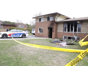 Greater Sudbury police services were on the scene guarding the structure of a fire on Barrydowne Road in Sudbury, Ont. on Tuesday May 9, 2017. Two occupants were displaced in the $300,000 blaze, an elderly woman who was rescued from a burning home on Barrydowne Road on Monday evening is being treated for burns and possible smoke inhalation at Sunnybrook Hospital in Toronto, while a man who escaped the fire is being cared for at Health Sciences North in Sudbury after collapsing at the scene.Gino Donato/Sudbury Star/Postmedia Network