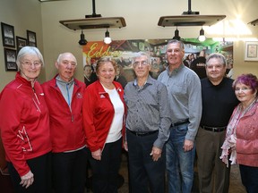 The latest Greater Sudbury Sports Hall of Fame inductees include Pat Pickard, left, Bill McKetsy, Mary Waddell, Mario Anselmo, Gilles Barb and Noreen Barb representing the late Andy Barb, and Ron Didone. Missing inductees are Mike Derks and Bob Rogers. John Lappa/Sudbury Star/Postmedia Network