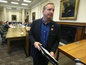 Kevin Rebeck, president of the Manitoba Federation of Labour, finishes his presentation during a public hearing at the Manitoba Legislature in Winnipeg on Mon., May 8, 2017. Kevin King/Winnipeg Sun/Postmedia Network