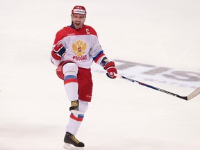 In this Dec. 19, 2015, file photo, Russia's Ilya Kovalchuk celebrates after scoring during the second period action of the Channel One Cup ice hockey match against Finland in Moscow, Russia. (AP Photo/Ivan Sekretarev, File)
