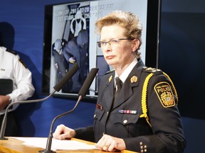 Peel Regional Police Chief Jennifer Evans on Tuesday provided updates on three homicides as she assured the public her officers are working “diligently to solve these tragic, violent crimes.” (CHRIS DOUCETTE/TORONTO SUN)