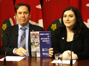 B'nai Brith CEO Michael Mostyn and Amanda Hohmann, national director of The League for Human Rights, details their annual audit of 2016 anti-Semitic incidents on Tuesday, May 9, 2017. (MICHAEL PEAKE/TORONTO SUN)